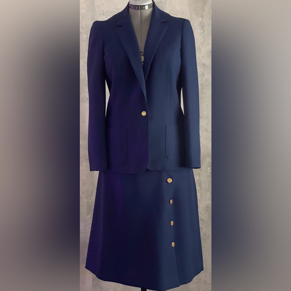 Vincenti Vintage Blue Button Down Jacket Gold Button Skirt Suit Set Sz 14
